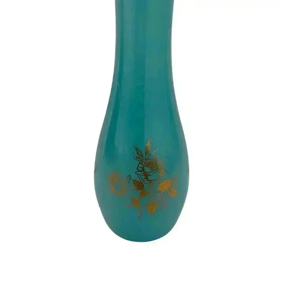 Pretty Vintage Blue Glass Vase With Gold Roses. MCM Style. Scalloped Edge - Picture 2 of 5